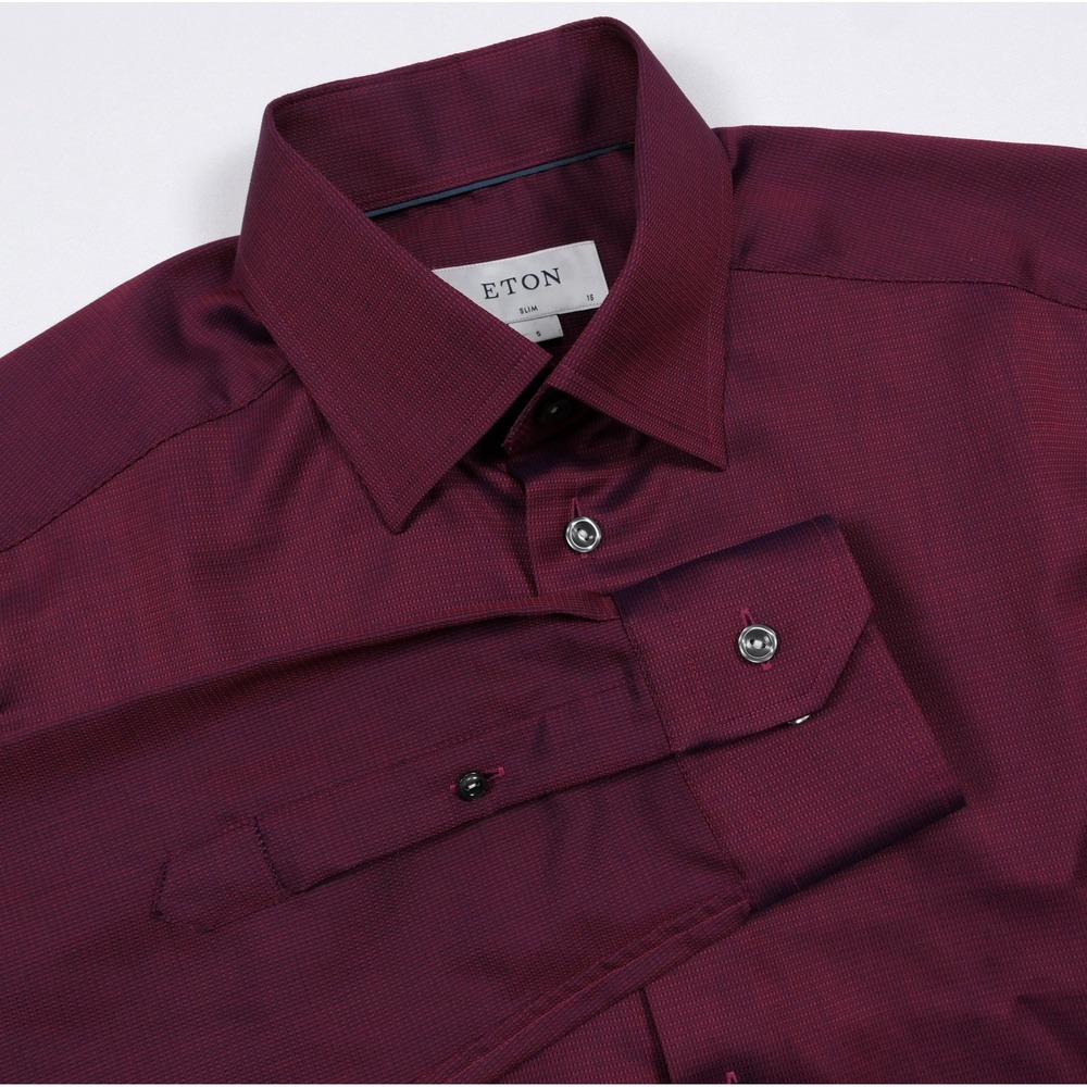 NEW Eton Mens S Slim Fit Signature Twill Dress Shirt Burgundy Sharkskin 15/38
